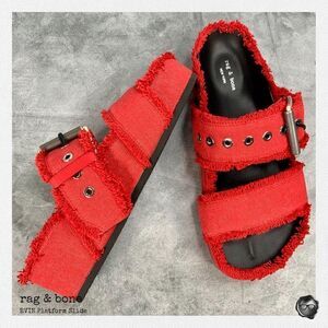 RAG & BONE EVIN PLATFORM SLIDE SANDAL IN RED DENIM FRAYED EDGES SAFFRON RED NEW
